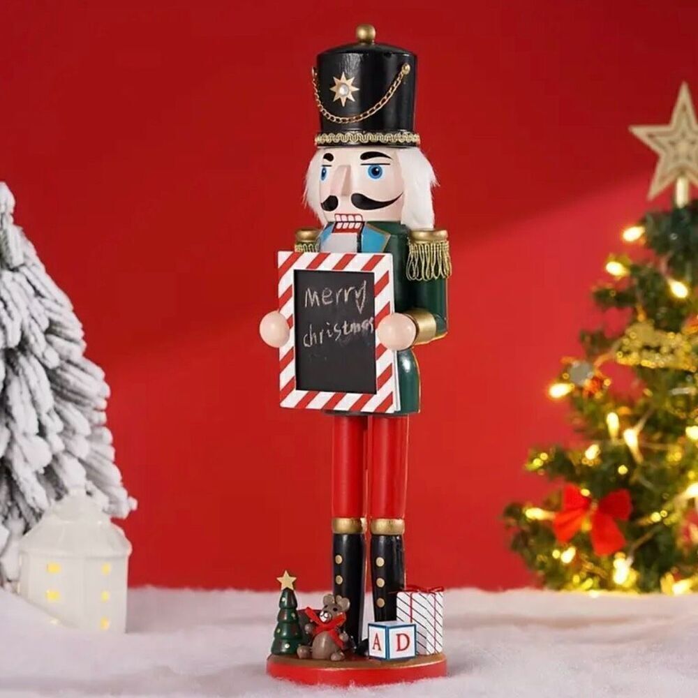 Wooden Green Soldier Nutcracker With Chalkboard Sign Casual Christmas Home Decor